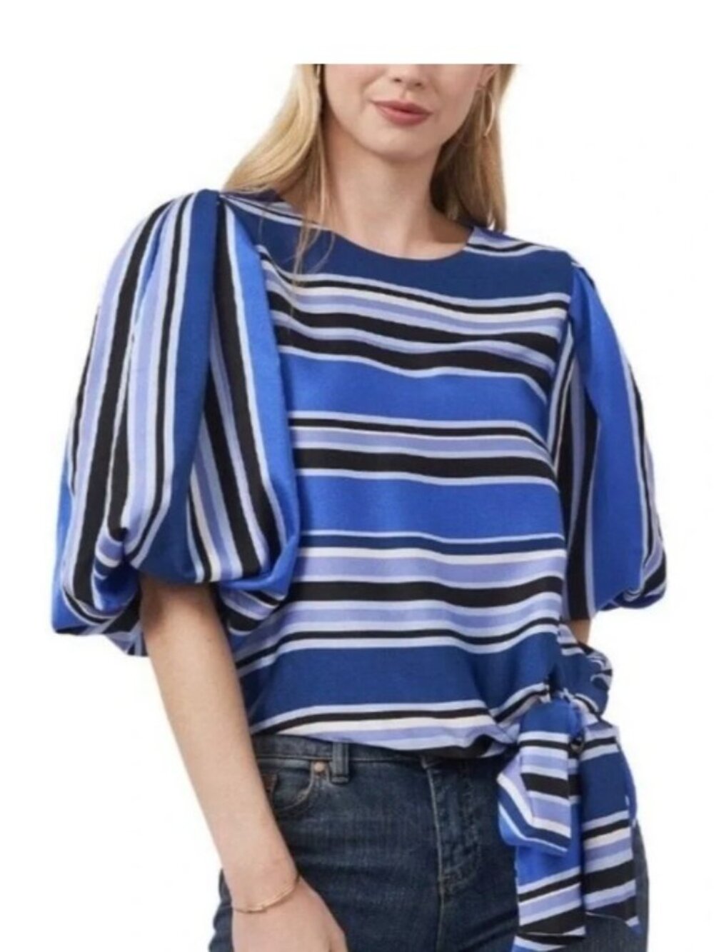 NWT VINCE CAMUTO Blue Striped Balloon Sleeve Top Side Tie Medium